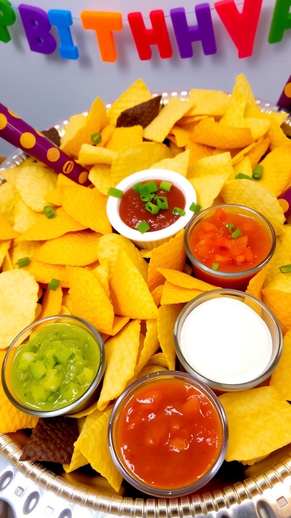 A vibrant assortment of chips with dips for a kids